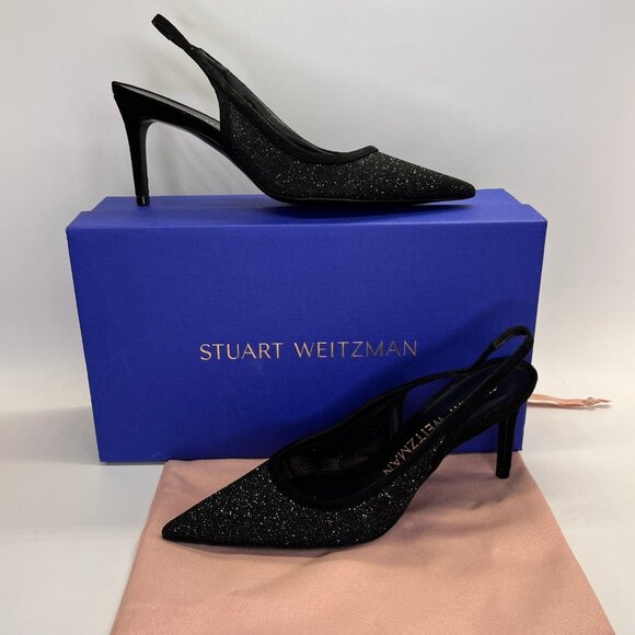 Stuart Weitzman Shoes - Stuart Weitzman Stuart 75 Sparkle Mesh Slingback Pump 6.5B Black Pointed Toe